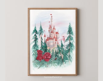 Impressão artística em aquarela do Castelo da Bela e a Fera, pôster de conto de fadas para parede, ilustração fantástica, decoração de livro de histórias (download digital)