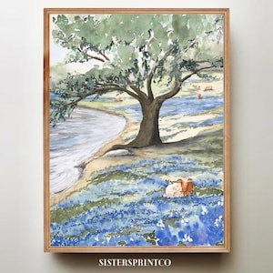 Stampa artistica di un lupino del Texas: scena di campagna collinare dipinta a mano (download digitale)