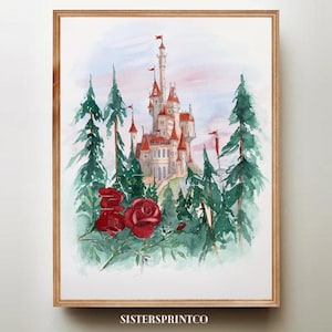 Beauty and the Beast Watercolor Castle Art Print (Digital Download)