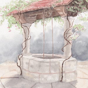May include: Watercolor painting of a stone well with a red tile roof, adorned with climbing vines and greenery. The well has a weathered appearance, with a circular opening and a pulley system. The artwork has a soft, muted color palette.