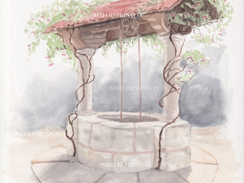 May include: Watercolor painting of a stone well with a red tile roof, adorned with climbing vines and greenery. The well has a weathered appearance, with a circular opening and a pulley system. The artwork has a soft, muted color palette.