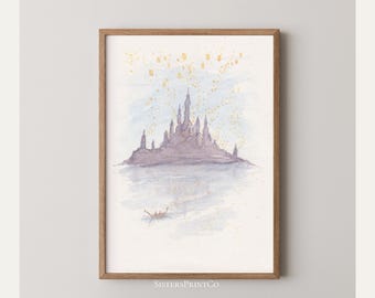Rapunzels Lantern and Castle Original Watercolor Print, Fairy Tale Castle Wall Art, Fantasy Illustration, Storybook Decor (Digital Download)