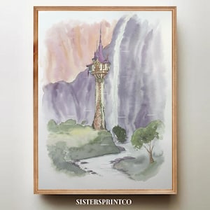 Impresión artística de la Torre de Rapunzel / Impresión artística digital original pintada a mano / Cuento de hadas