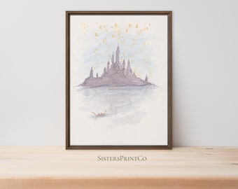 Rapunzel's Lantern and Castle Original Watercolor Print, Fairy Tale Castle Wall Art, Fantasy Illustration, Storybook Decor