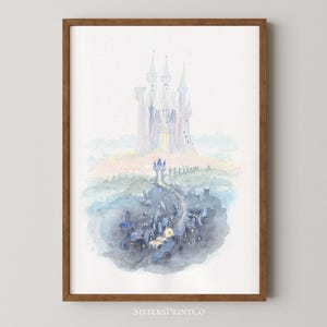 May include: Watercolor print of a fairytale castle with tall spires, set against a soft, pastel-colored sky. The artwork features a path leading to the castle, with a dark, shadowy foreground. The print is framed in a brown wooden frame.