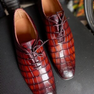 Handmade Men Brown Crocodile Texture Leather Formal Oxford Dress Shoes ...