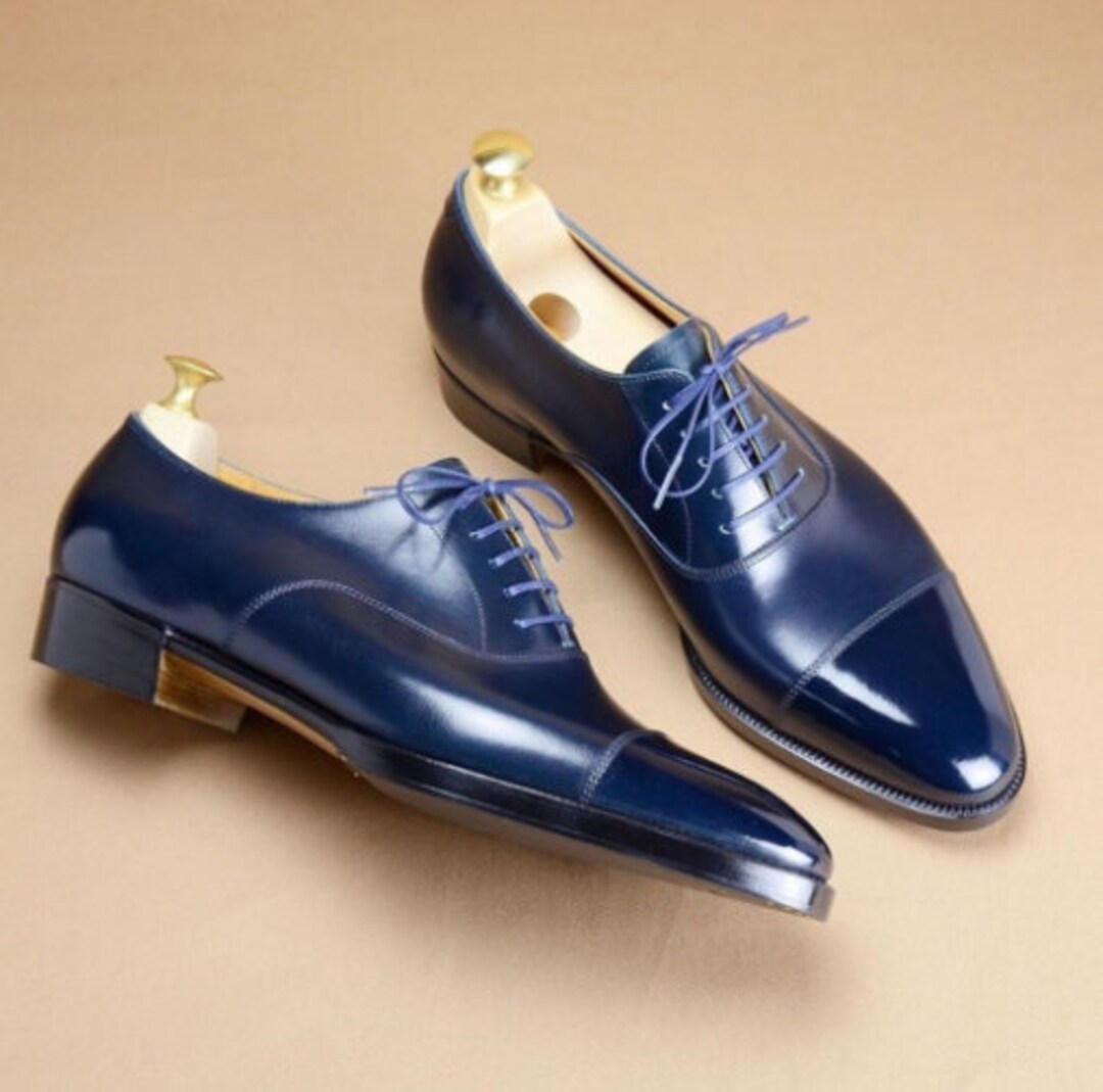 Customized Leather Oxford Navy Blue Color Cap Toe Formal Shoes - Etsy