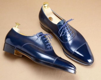Scarpe formali con punta in pelle Oxford color blu navy personalizzate