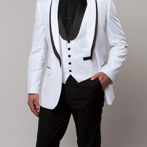 Tuxedo blanc coupe slim 3 pièces avec gilet en satin à col châle