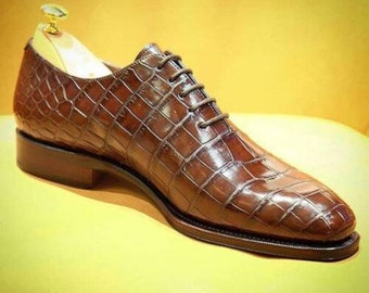 New Pure Handmade Leather Light Brown Alligator Stylish Lace Up Dress Shoes