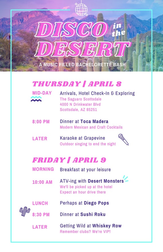 Disco in the Desert Itinerary Bachelorette Party Etsy