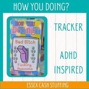 May include: A rectangular tracker card featuring a colourful checkered background with yellow stars. The card displays a light switch graphic labelled Bad Bitch and Fucking Awesome, with numbers 5 and 10 listed vertically. Text includes How You Doing?