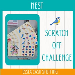 May include: A rectangular scratch-off challenge card with a yellow and white striped background. The card features illustrations of birds, a birdhouse with pink flowers, and the text Nest: (n.) a place of retreat, rest, or lodging. It includes rows of circular scratch-off stickers in blue, pink, and purple.