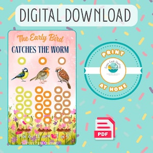 Pode incluir: Gráfico de download digital com o texto "DIGITAL DOWNLOAD" no topo. A imagem apresenta o texto "The Early Bird Catches the Worm" com ilustrações de pássaros, vermes e círculos coloridos. Um ícone PDF é visível.