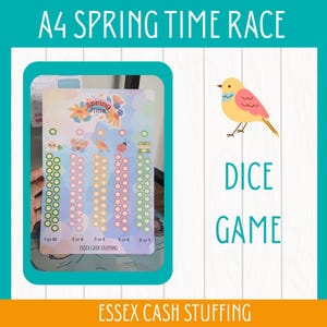 May include: A rectangular A4 Spring Time Race dice game tracker sheet featuring five vertical columns of circles for tracking progress. The design includes colourful illustrations of a flower, butterfly, bird, ladybug, and frog with the text Essex Cash Stuffing.