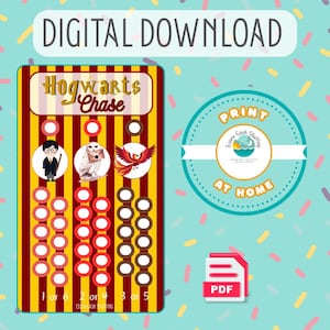 May include: Digital download featuring a game board with the text "Hogwarts Chase." The board has red and yellow stripes, with character illustrations and numbered circles. The image also includes a "Print at Home" graphic and a PDF icon.