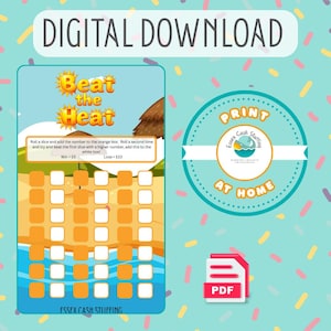 Op de afbeelding: Een digitale downloadafbeelding met de tekst "DIGITALE DOWNLOAD" bovenaan. Het ontwerp toont een spelbord met oranje en witte vakken, de woorden "Beat the Heat" en een PDF-pictogram. Het spelbord bevat instructies en de tekst "Essex Cash Stuffing".