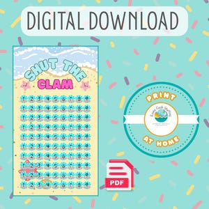 May include: A digital download graphic with the text "DIGITAL DOWNLOAD" at the top. The image features a "Shut the Clam" savings tracker with numbers 1-9, a PDF icon, and a circular graphic that says "Print at Home".