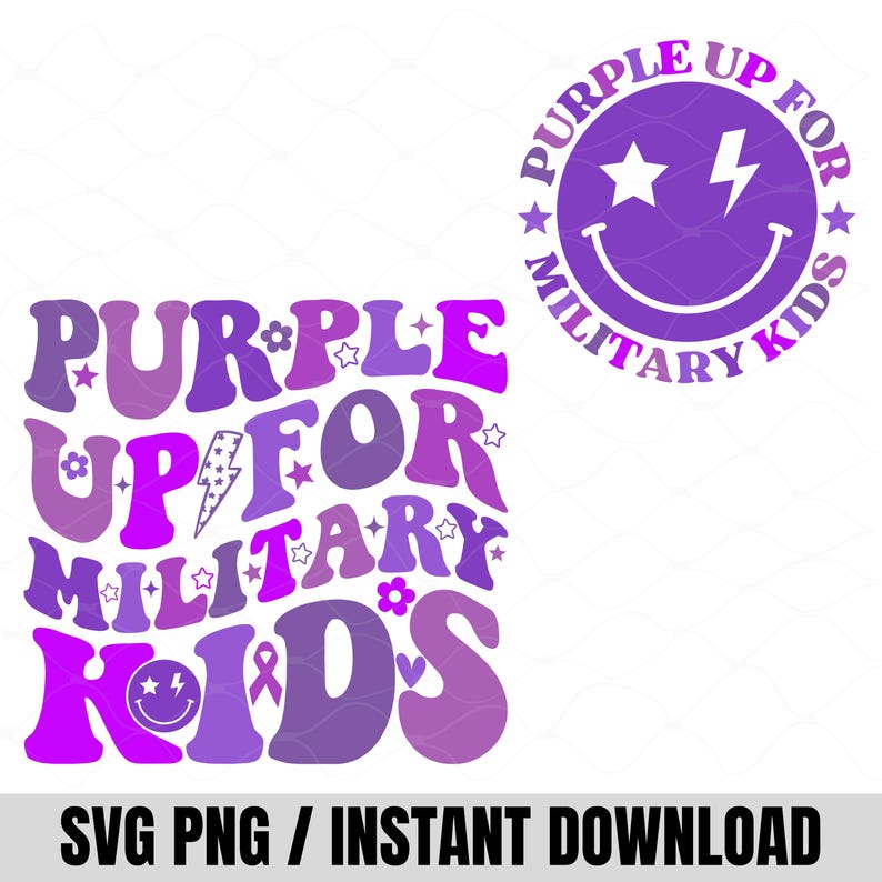以下が含まれることがあります： 紫とピンクの色合いで「PURPLE UP FOR MILITARY KIDS」というテキストが入ったグラフィックデザイン。星、花、稲妻、スマイリーフェイスが含まれています。「SVG PNG / INSTANT DOWNLOAD」の文字が下部にあります。