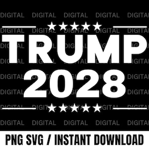 Può includere: Testo bianco su sfondo nero che recita "TRUMP 2028" con cinque stelle sopra e sotto il testo. Il testo "DIGITAL" appare più volte attorno al bordo dell'immagine.