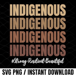 May include: A black graphic design with the word "INDIGENOUS" repeated four times in varying shades of brown. Below, the text reads "#Strong-Resilient-Beautiful" in white script. The bottom of the design states "SVG PNG / INSTANT DOWNLOAD."