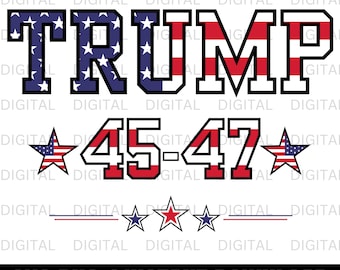 Puede incluir: Una descarga digital de un diseño gráfico con la palabra "TRUMP" en letras negras y negritas con rayas rojas y blancas y estrellas azules, que recuerda a la bandera estadounidense. Los números "45-47" también están en letras negras y negritas con rayas rojas y blancas. Hay tres estrellas debajo de los números, dos rojas y una azul.