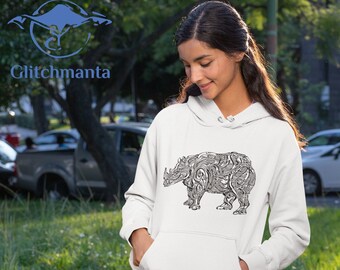 Unisex Organic Cotton Hoodie for Street Wear Sports and Hiking/Vegan Ethical Hoodie with Rhino/Gift for Nature and Adventures Lover/Work out