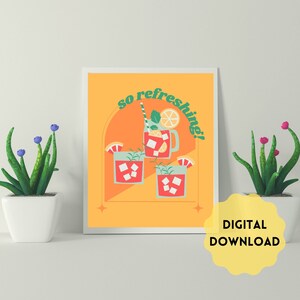 Retro "So Refreshing!" Cocktail Inspired Digital Art Print, Retro 70s Inspired Colorful Printable Art Photo, Bar Cart Retro Art Print