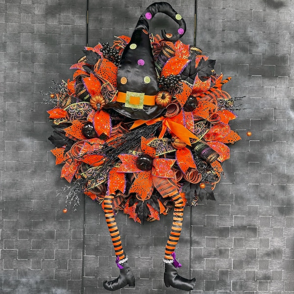 Halloween Witch Wreath Trick or Treat Fall Pumpkin Witch Hat Broom Legs