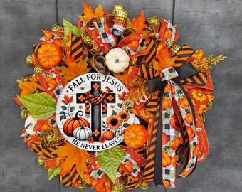 Fall for Jesus Wreath: Autumn Leaves, Cross & Pumpkins