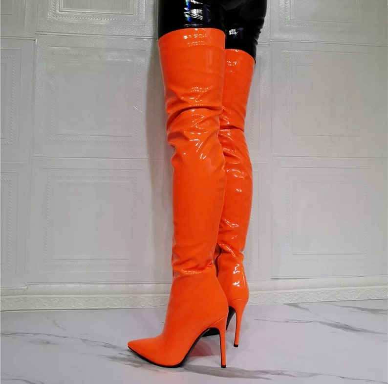 Stiletto Lady Patent Leather Thigh High Boots Fashion Side - Etsy