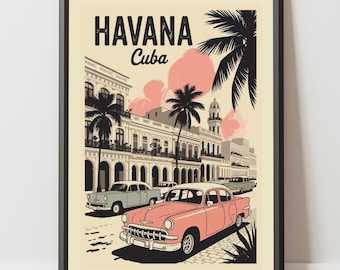 Havana Cuba Travel Poster: Retro Linocut Caribbean Print (Digital Download)