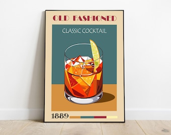 Vintage Old Fashioned Cocktail Art Print: Retro Bar Decor (Instant Download)