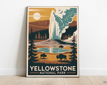 May include: A framed art print featuring a vintage-style illustration of Yellowstone National Park. The artwork depicts a geyser erupting, bison, and a lake, with the text "YELLOWSTONE NATIONAL PARK" at the bottom.