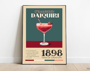 Poster del Daiquiri alla fragola: ricetta di un cocktail retrò, stile Mid-Century Modern (download digitale)