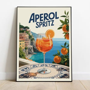 Aperol Spritz Retro Cocktail Poster with Amalfi Coast Italy | Mid Century Modern Wall Art | Digital Download Print