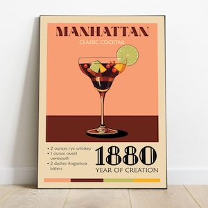 Manhattan Cocktail Poster | Retro Bar Recipe Print | Vintage Kitchen Wall Art | Instant Download Printable