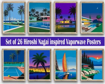 Op Hiroshi Nagai geïnspireerde vaporwave-posters, retro jaren 90 kunst (digitale download)