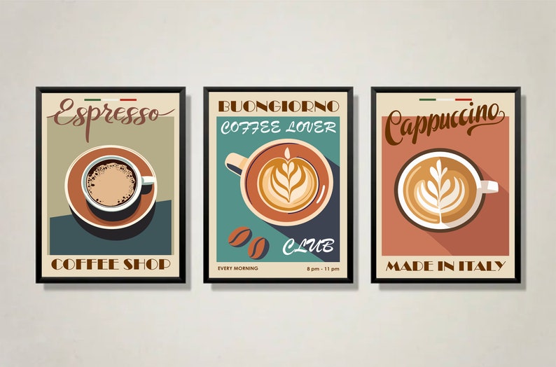 May include: Three vintage-style coffee posters with illustrations of espresso, cappuccino, and latte. The posters feature the text "Espresso Coffee Shop", "Buongiorno Coffee Lover Club", and "Cappuccino Made in Italy".