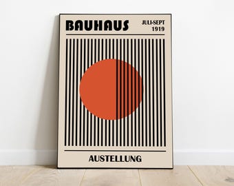 Bauhaus-tentoonstellingsposter: moderne oranje cirkelkunst uit het midden van de eeuw (digitale download png-bestanden)