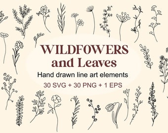 Wildflowers and Leaves SVG Bundle: Hand-Drawn Botanical Clipart (Digital Download)