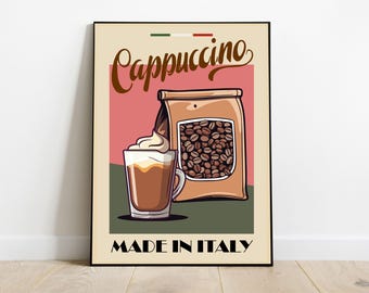 Cappuccino Coffee Retro Poster – Vintage Italian Kitchen Wall Art – Printable Cafe Decor