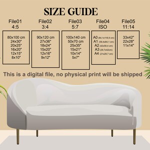 May include: A size guide for digital files, showing different sizes in inches and centimeters. The guide includes five file options: File 01, File 02, File 03, File 04, and File 05. Each file option has a different aspect ratio and corresponding dimensions in inches and centimeters. The text "This is a digital file, no physical print will be shipped" is displayed below the size guide.