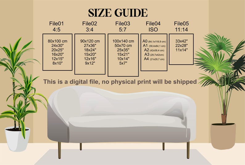 May include: A size guide for digital files, showing different sizes in inches and centimeters. The guide includes five file options: File 01, File 02, File 03, File 04, and File 05. Each file option has a different aspect ratio and corresponding dimensions in inches and centimeters. The text "This is a digital file, no physical print will be shipped" is displayed below the size guide.