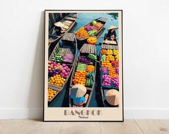 Bangkok Travel Poster - Retro Floating Market Print - Vintage Thailand Wall Art - Printable Download