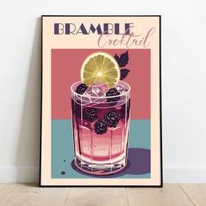 Bramble Cocktail Poster - Retro Cocktail Print - Sztuka ścienna do kuchni w stylu vintage - Plakat na wózek barowy - Sztuka ścienna do druku - Prezent na parapetówkę