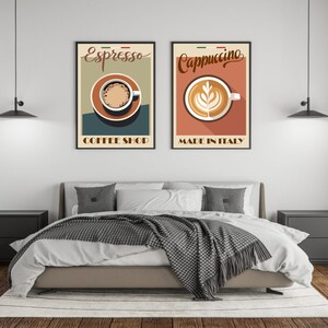 May include: Two vintage-style posters featuring illustrations of coffee cups. The poster on the left features an espresso cup and the text "Espresso Coffee Shop". The poster on the right features a cappuccino cup and the text "Cappuccino Made in Italy".