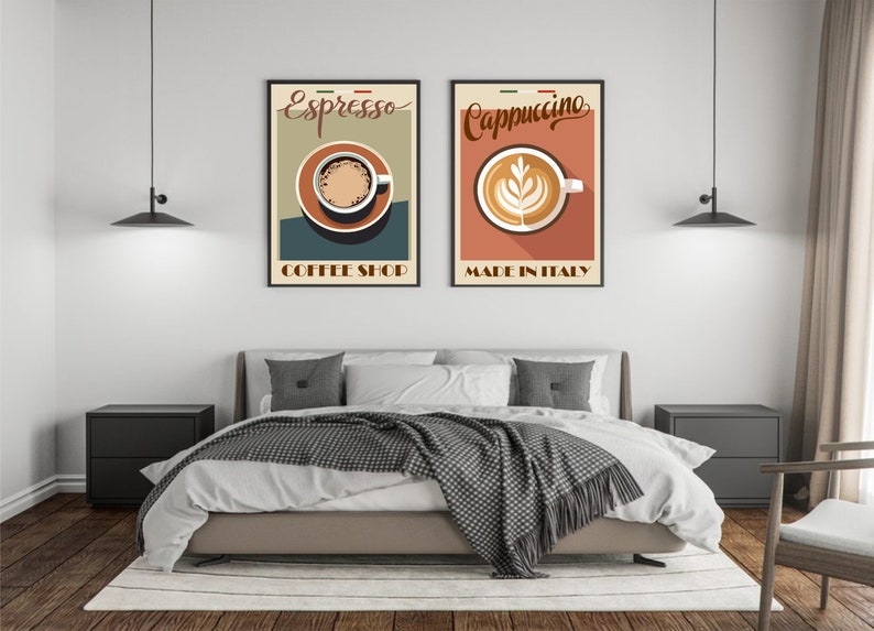 May include: Two vintage-style posters featuring illustrations of coffee cups. The poster on the left features an espresso cup and the text "Espresso Coffee Shop". The poster on the right features a cappuccino cup and the text "Cappuccino Made in Italy".
