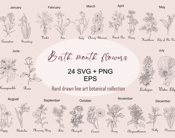 Pacchetto SVG di fiori del mese di nascita: Clipart botaniche (PNG)