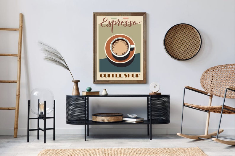 May include: A vintage-style poster with a brown wooden frame featuring a cup of espresso with the text "Espresso Coffee Shop" in a retro font.